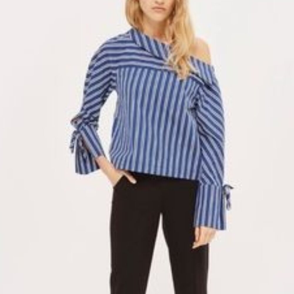 Topshop Sz 4 US Blue Black Striped One Shoulder Tie Sleeve Top Blouse FLAW READ - Picture 2 of 13
